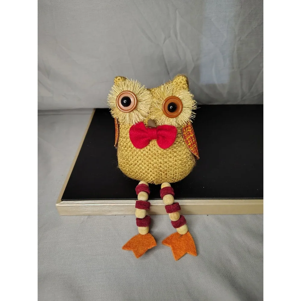 Rustic Burlap Owl Shelf Sitter Autumn Fall Decor Button Eyes Beaded Legs